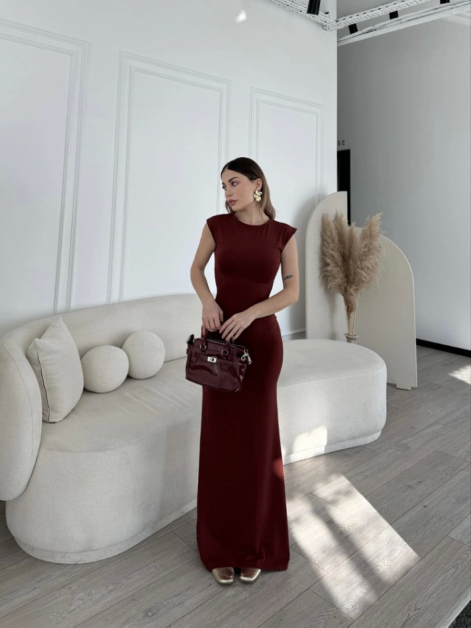Kolsuz Uzun Likralı Elbise - Bordo - 4