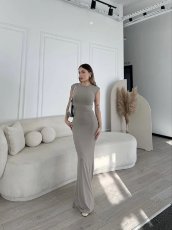 Kolsuz Uzun Likralı Elbise - Gri - 3