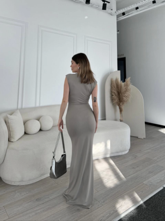 Kolsuz Uzun Likralı Elbise - Gri - 4