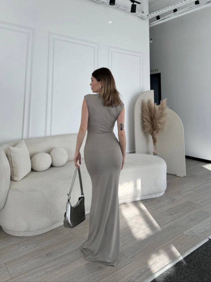 Kolsuz Uzun Likralı Elbise - Gri - 4