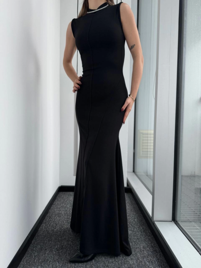 Kolsuz Yarım Bogazlı Uzun Elbise- Siyah - 3