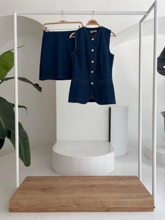 Kolsuz Yelekli Mini Etekli Denim Takım 10164 - 9