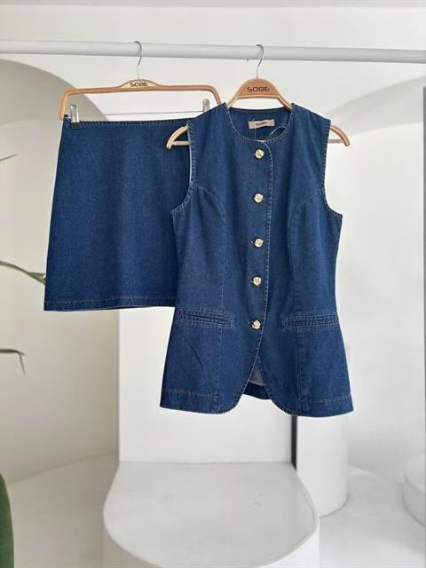 Kolsuz Yelekli Mini Etekli Denim Takım 10164 - 10