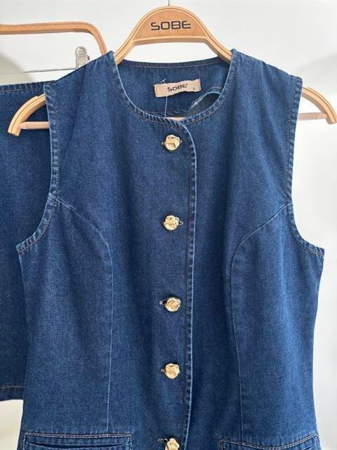 Kolsuz Yelekli Mini Etekli Denim Takım 10164 - 12
