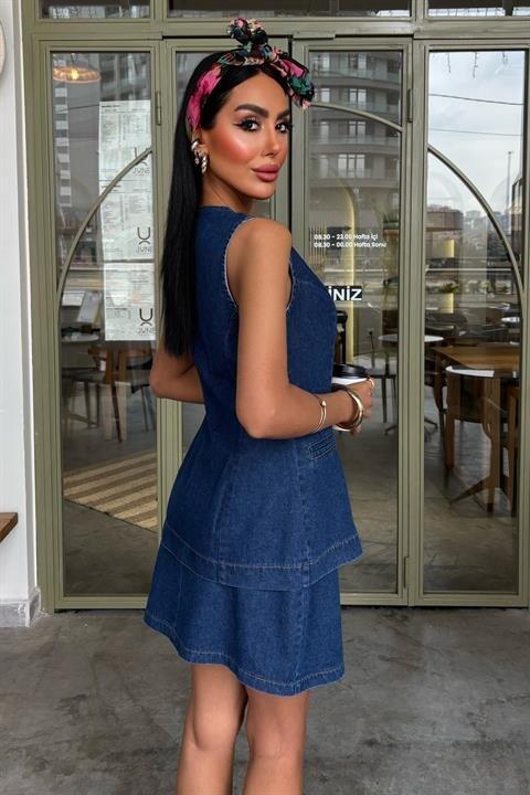 Kolsuz Yelekli Mini Etekli Denim Takım 10164 - 3