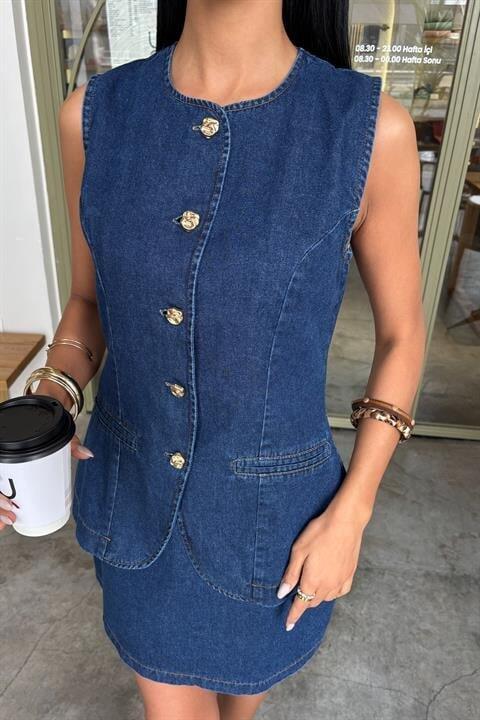 Kolsuz Yelekli Mini Etekli Denim Takım 10164 - 7