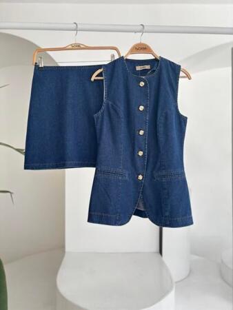 Kolsuz Yelekli Mini Etekli Denim Takım 10164 - 10