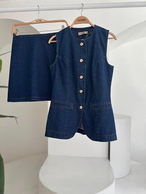 Kolsuz Yelekli Mini Etekli Denim Takım 10164 - 11