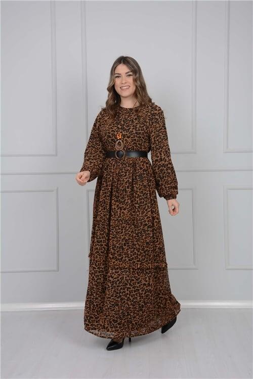 Kolye Detay Leopar Elbise - Kahverengi - 1