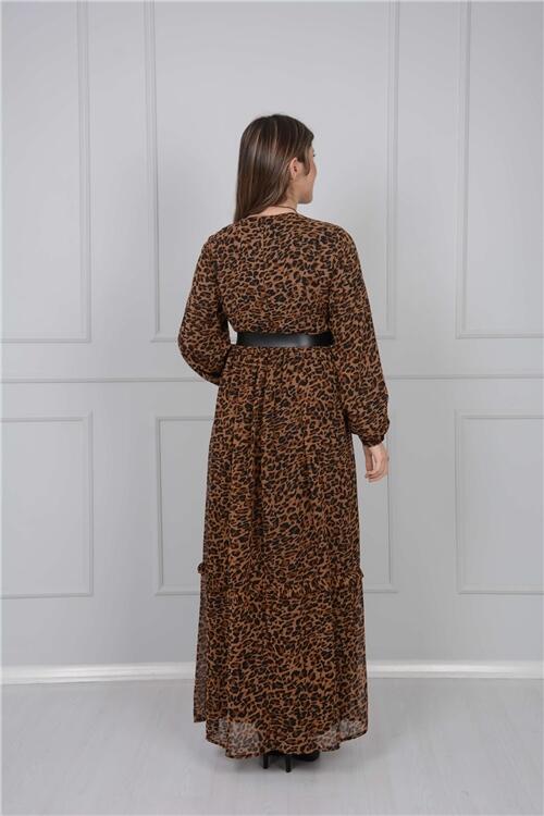 Kolye Detay Leopar Elbise - Kahverengi - 3