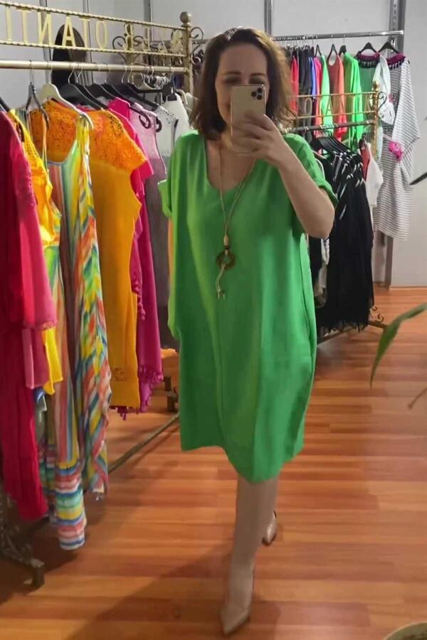 Kolyeli Büyük Beden Keten Ayrobin Elbise Yeşil - 1