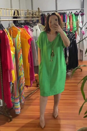 Kolyeli Büyük Beden Keten Ayrobin Elbise Yeşil - 2