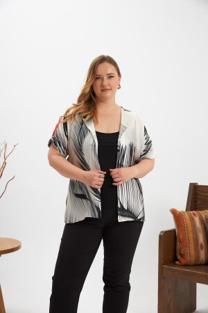 Kontrast Desenli Kuşaklı Büyük Beden Kimono Bluz Siyah - 1
