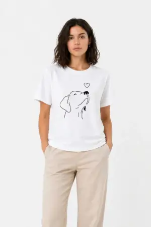 Köpek Figürlü Minimal Baskılı Tişört Kısa Kol Yazlık T-Shirt - Beyaz - 1