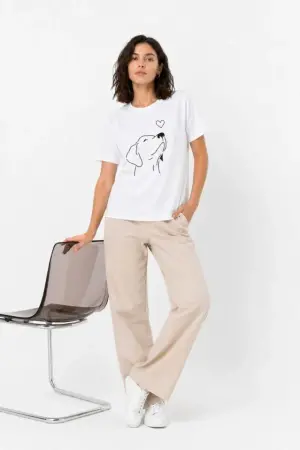Köpek Figürlü Minimal Baskılı Tişört Kısa Kol Yazlık T-Shirt - Beyaz - 2