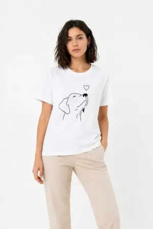 Köpek Figürlü Minimal Baskılı Tişört Kısa Kol Yazlık T-Shirt - Beyaz - 3
