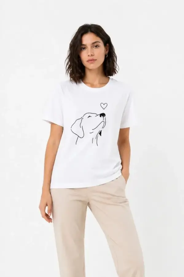 Köpek Figürlü Minimal Baskılı Tişört Kısa Kol Yazlık T-Shirt - Beyaz - 3