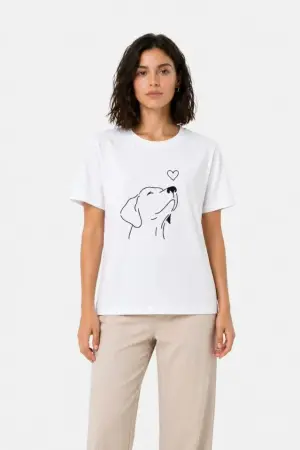 Köpek Figürlü Minimal Baskılı Tişört Kısa Kol Yazlık T-Shirt - Beyaz - 4