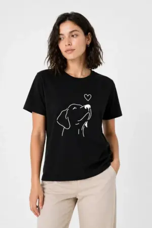 Köpek Figürlü Minimal Baskılı Tişört Kısa Kol Yazlık T-Shirt - Siyah - 1