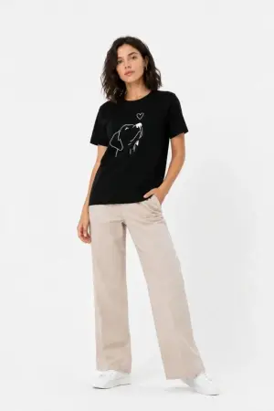 Köpek Figürlü Minimal Baskılı Tişört Kısa Kol Yazlık T-Shirt - Siyah - 2