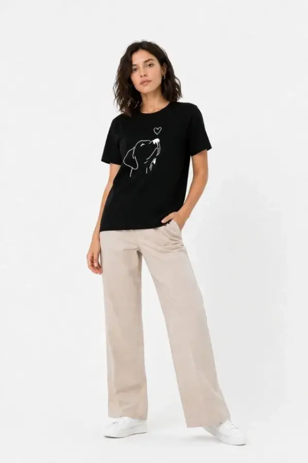 Köpek Figürlü Minimal Baskılı Tişört Kısa Kol Yazlık T-Shirt - Siyah - 2