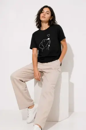 Köpek Figürlü Minimal Baskılı Tişört Kısa Kol Yazlık T-Shirt - Siyah - 3