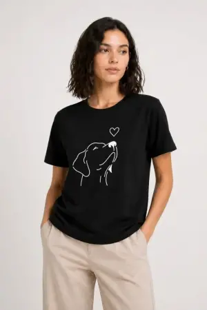 Köpek Figürlü Minimal Baskılı Tişört Kısa Kol Yazlık T-Shirt - Siyah - 4