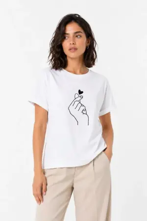 Kore Parmak Kalp Aşk Temalı Minimal Baskılı Tişört Yazlık Kısa Kol T-Shirt - Beyaz - 4