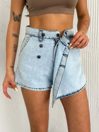 Kot Jeans Kesimetrik Kesim Cepli Şortlu Etek - Gri - 1