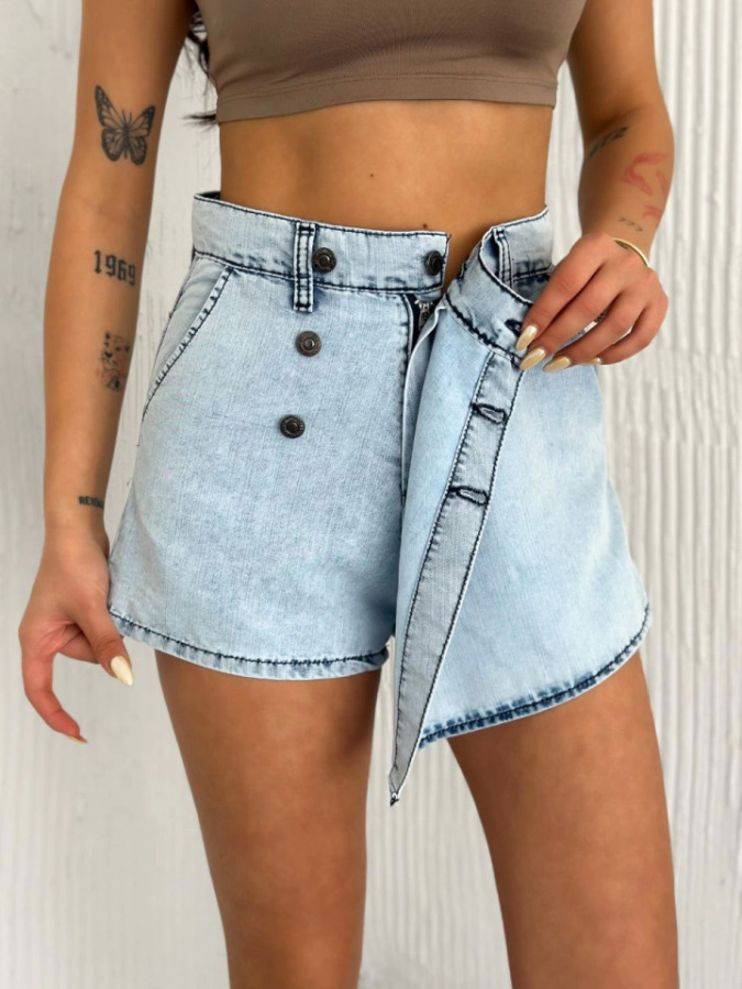 Kot Jeans Kesimetrik Kesim Cepli Şortlu Etek - Gri - 1
