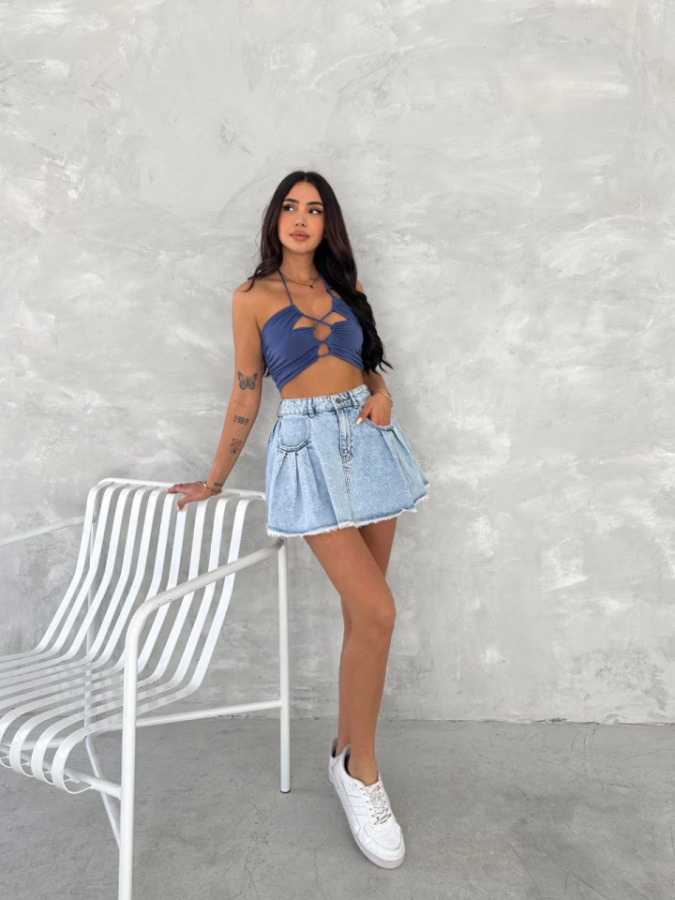 Kot Jeans Kesimetrik Kesim Cepli Şortlu Etek - Mavi - 1