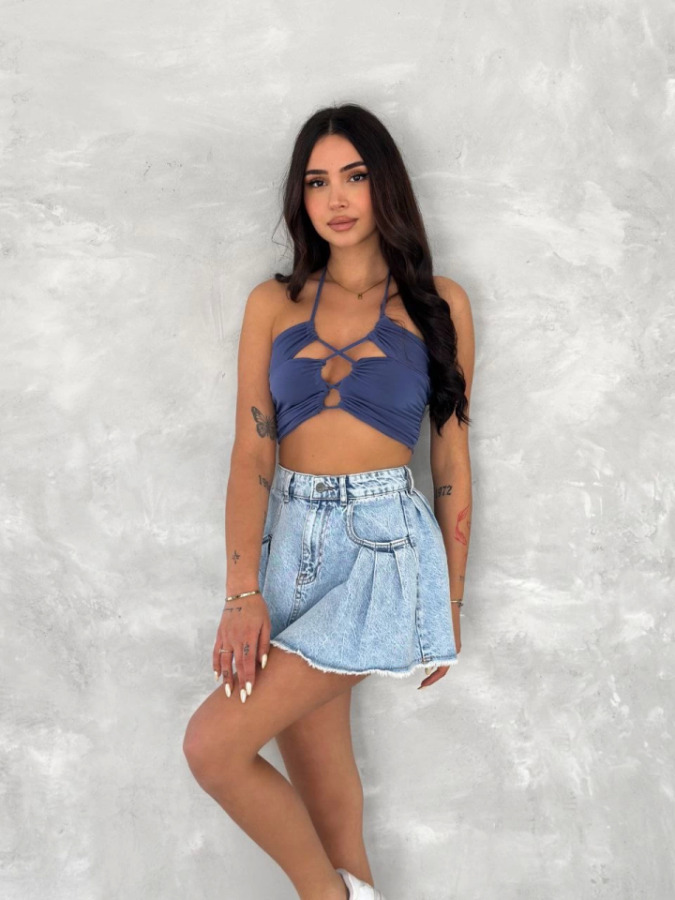 Kot Jeans Kesimetrik Kesim Cepli Şortlu Etek - Mavi - 3