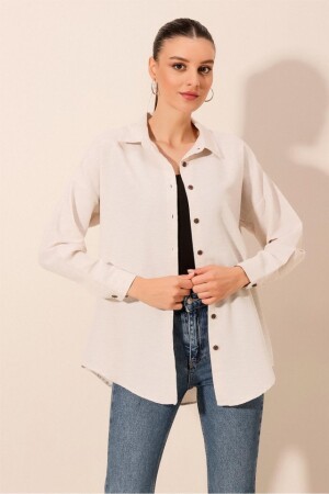 Krem Düz Oversize Uzun Basic Gömlek 3900 - 1