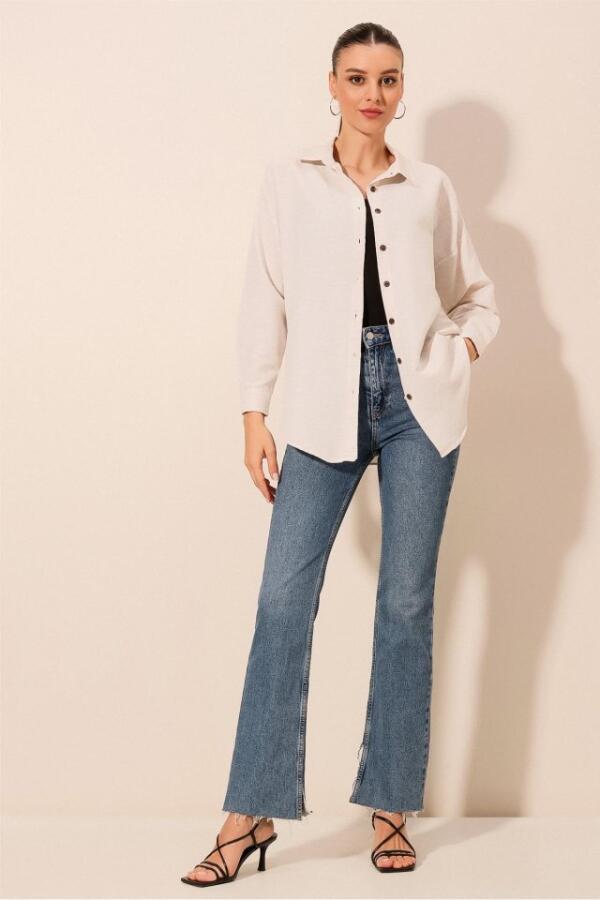 Krem Düz Oversize Uzun Basic Gömlek 3900 - 2
