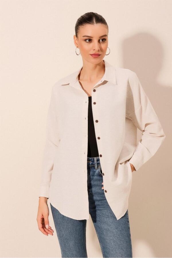 Krem Düz Oversize Uzun Basic Gömlek 3900 - 3