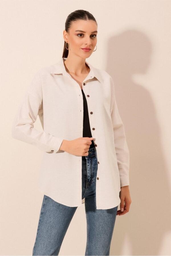 Krem Düz Oversize Uzun Basic Gömlek 3900 - 4