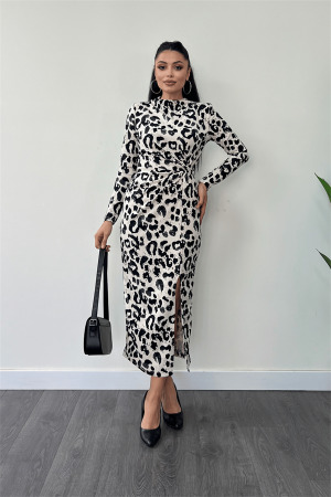 Krep Desenli Kumaş Burgu Detaylı Kalem Elbise - SİYAH - Angelino Moda