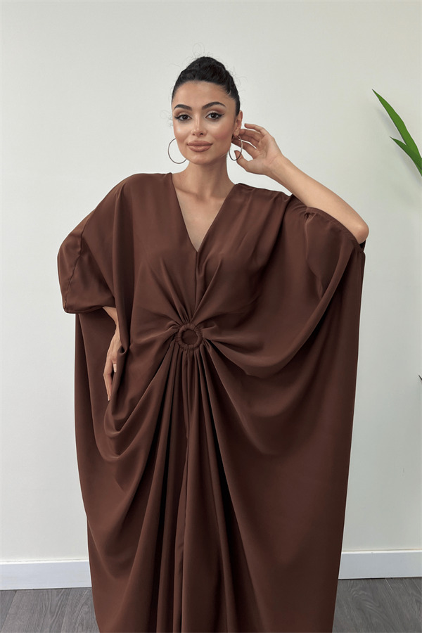 Krep Jesika Kumaş Yarasa Kol Elbise - KAHVERENGİ - 3