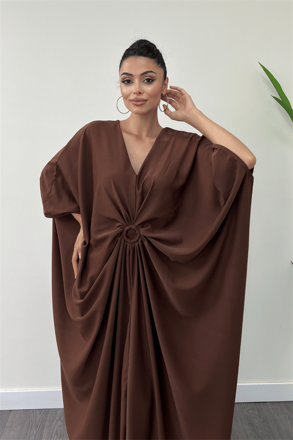 Krep Jesika Kumaş Yarasa Kol Elbise - KAHVERENGİ - 3