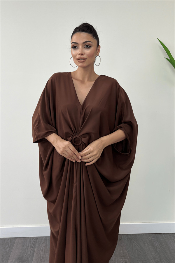 Krep Jesika Kumaş Yarasa Kol Elbise - KAHVERENGİ - 4