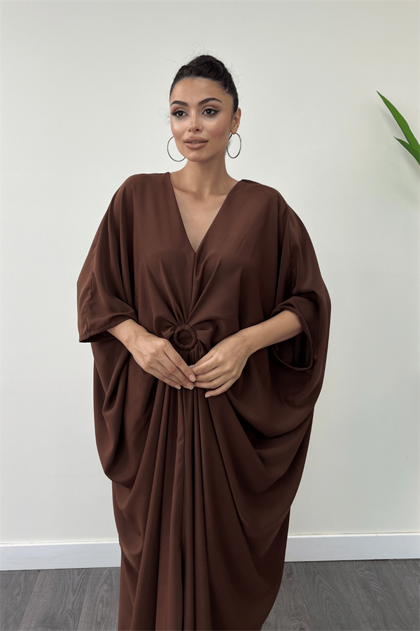 Krep Jesika Kumaş Yarasa Kol Elbise - KAHVERENGİ - 4