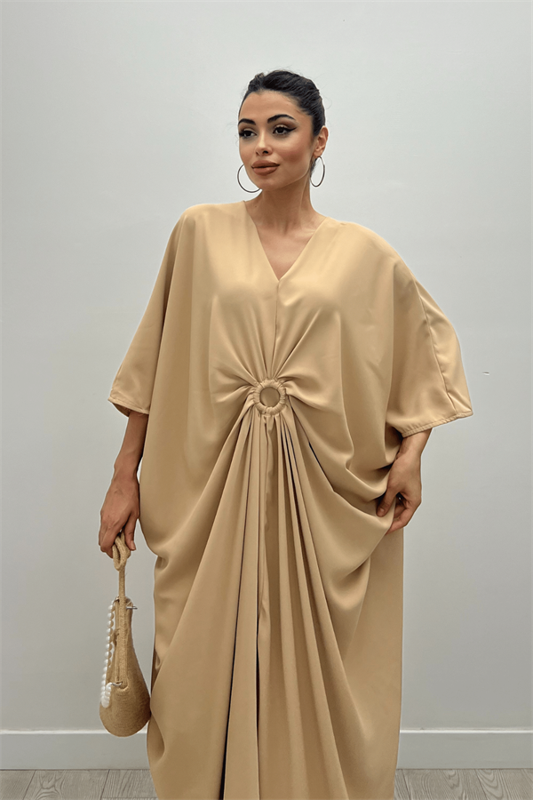 Krep Jesika Kumaş Yarasa Kol Elbise - KREM - 3