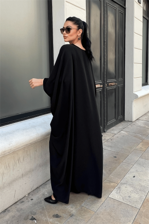 Krep Jesika Kumaş Yarasa Kol Elbise - SİYAH - 5