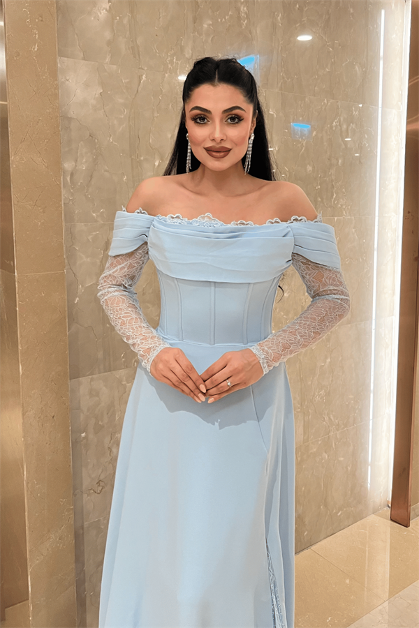 Krep Kumaş Balen Dantel Detaylı Abiye Elbise - BEBE MAVİSİ - 3