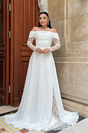 Krep Kumaş Balen Dantel Detaylı Abiye Elbise - BEYAZ - Angelino Moda