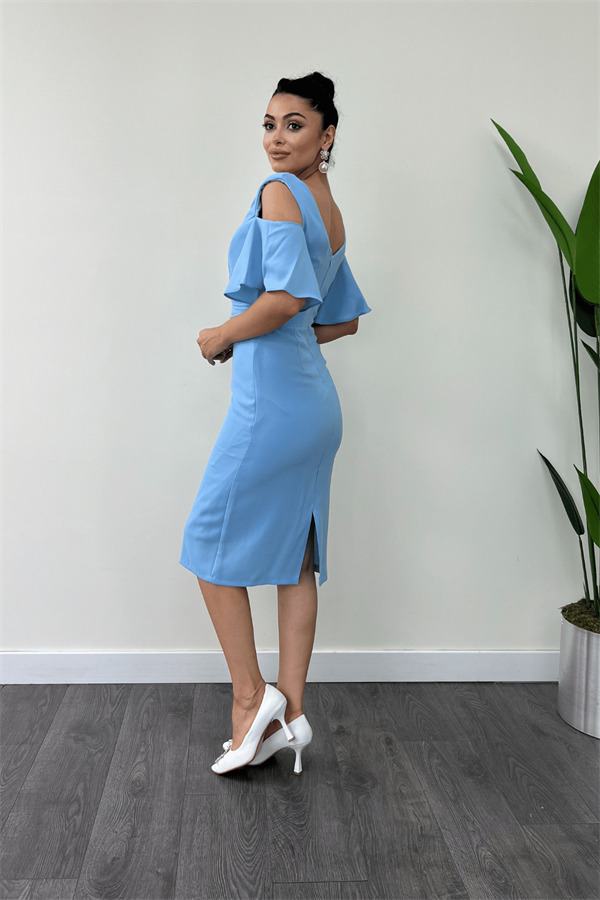 Krep Kumaş Büzgü Detaylı Kalem Elbise - BEBE MAVİSİ - 5