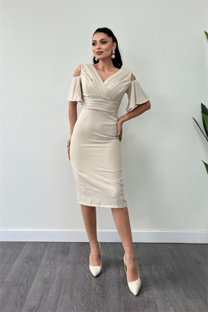 Krep Kumaş Büzgü Detaylı Kalem Elbise - BEJ - Angelino Moda