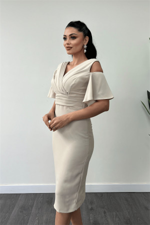 Krep Kumaş Büzgü Detaylı Kalem Elbise - BEJ - 4