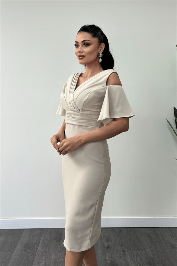 Krep Kumaş Büzgü Detaylı Kalem Elbise - BEJ - 4