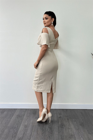 Krep Kumaş Büzgü Detaylı Kalem Elbise - BEJ - 5